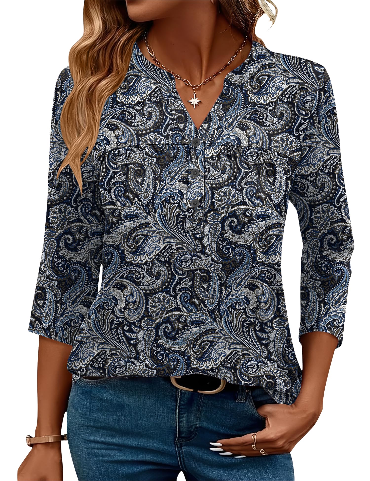 LOMON Womens Tops 3/4 Sleeve Botton Down Shirts Casual V Neck Tunic Blouses Pleated Fashion Summer Tees 2026 Trendy S-3XL