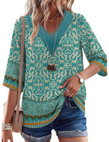 LOMON Women's 3/4 Length Sleeve Boho Tops V Neck Lace Summer Outfits Dressy Casual Flowy Shirts Vacation Clothes Blouses
