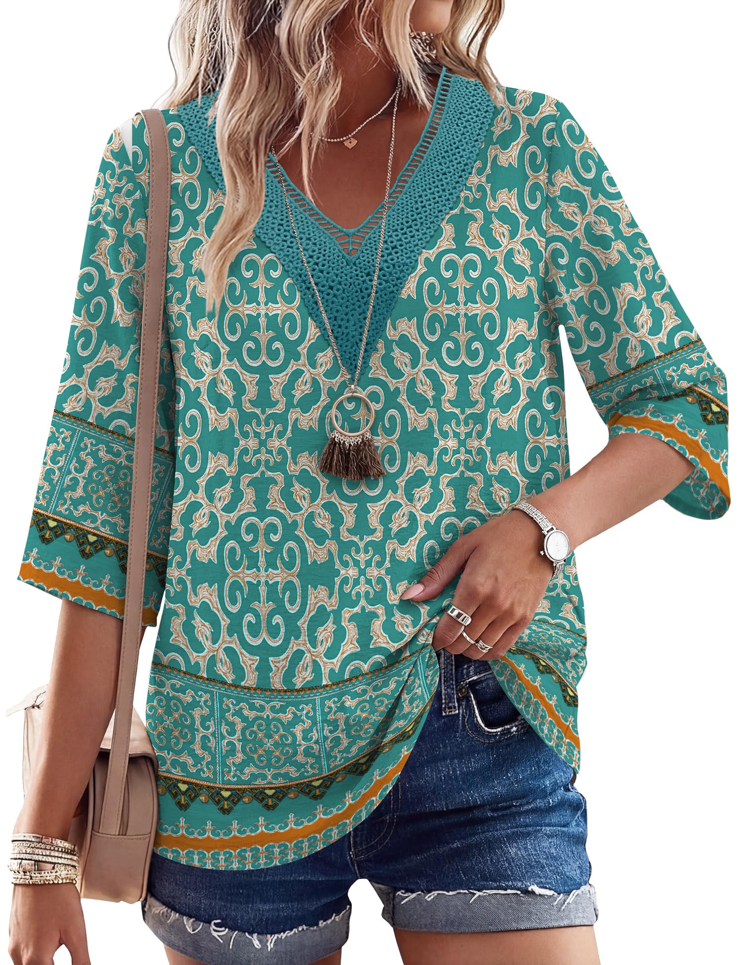 LOMON Women's 3/4 Length Sleeve Boho Tops V Neck Lace Summer Outfits Dressy Casual Flowy Shirts Vacation Clothes Blouses