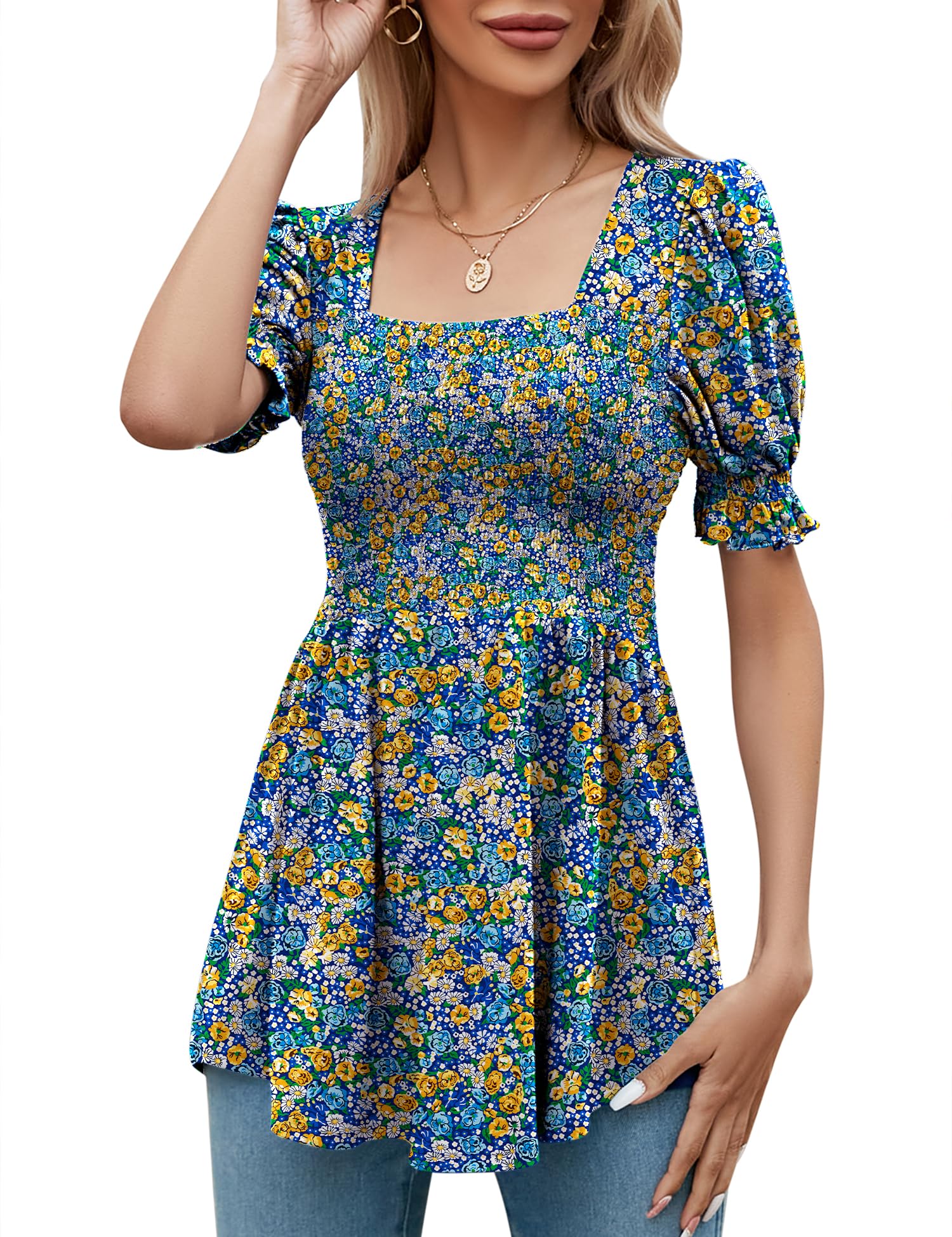 LOMON Women's Tunics Square Neck Puff Short Sleeve Smocked Top Ladies Peplum Blouse Tee Shirts 2025 Spring Summer S-XL