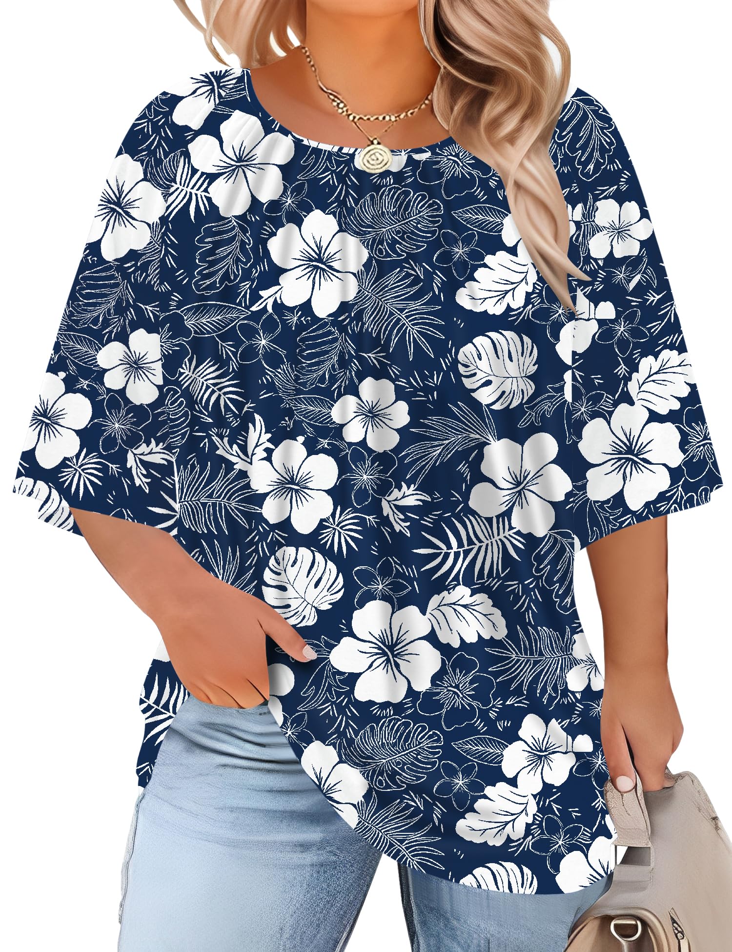LOMON Womens Plus Size Tops Summer 3/4 Length Sleeve Crewneck Blouses Dressy Casual Loose Curvy Flowy Tunic Shirts 1X-5X