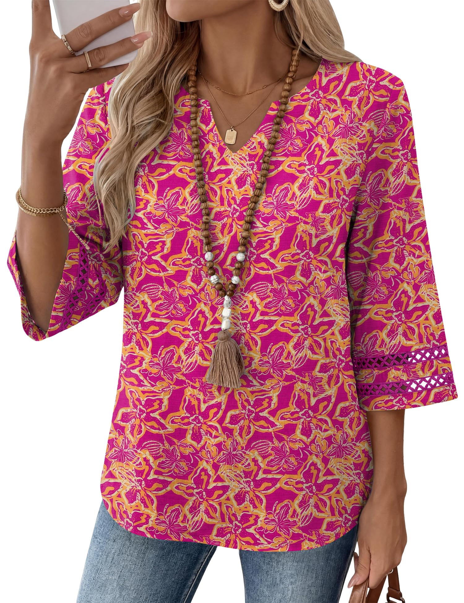 LOMON Womens 3/4 Sleeve V Neck Bohemian Blouses Casual Loose Fit Tunic Tops Vacation Clothes