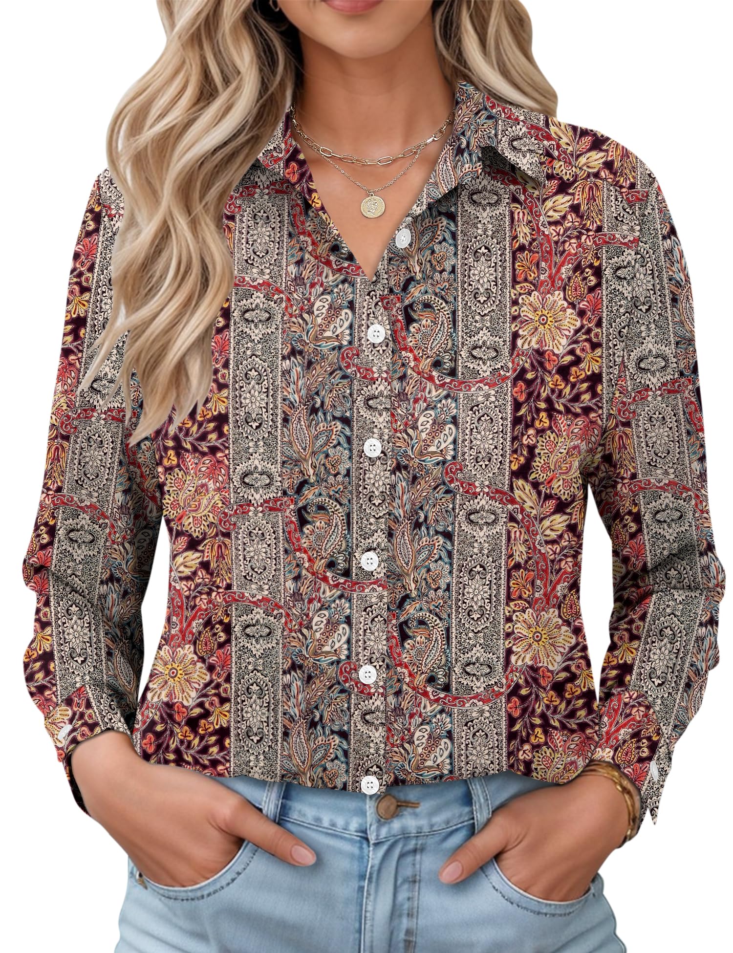 LOMON Womens Long Sleeve Button Down Shirts Casual Loose Fit Cotton Collared Blouses