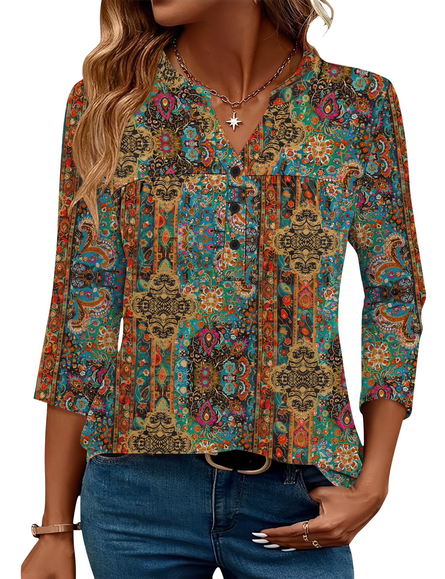 LOMON Womens Tops 3/4 Sleeve Botton Down Shirts Casual V Neck Tunic Blouses Pleated Fashion Summer Tees 2026 Trendy S-3XL
