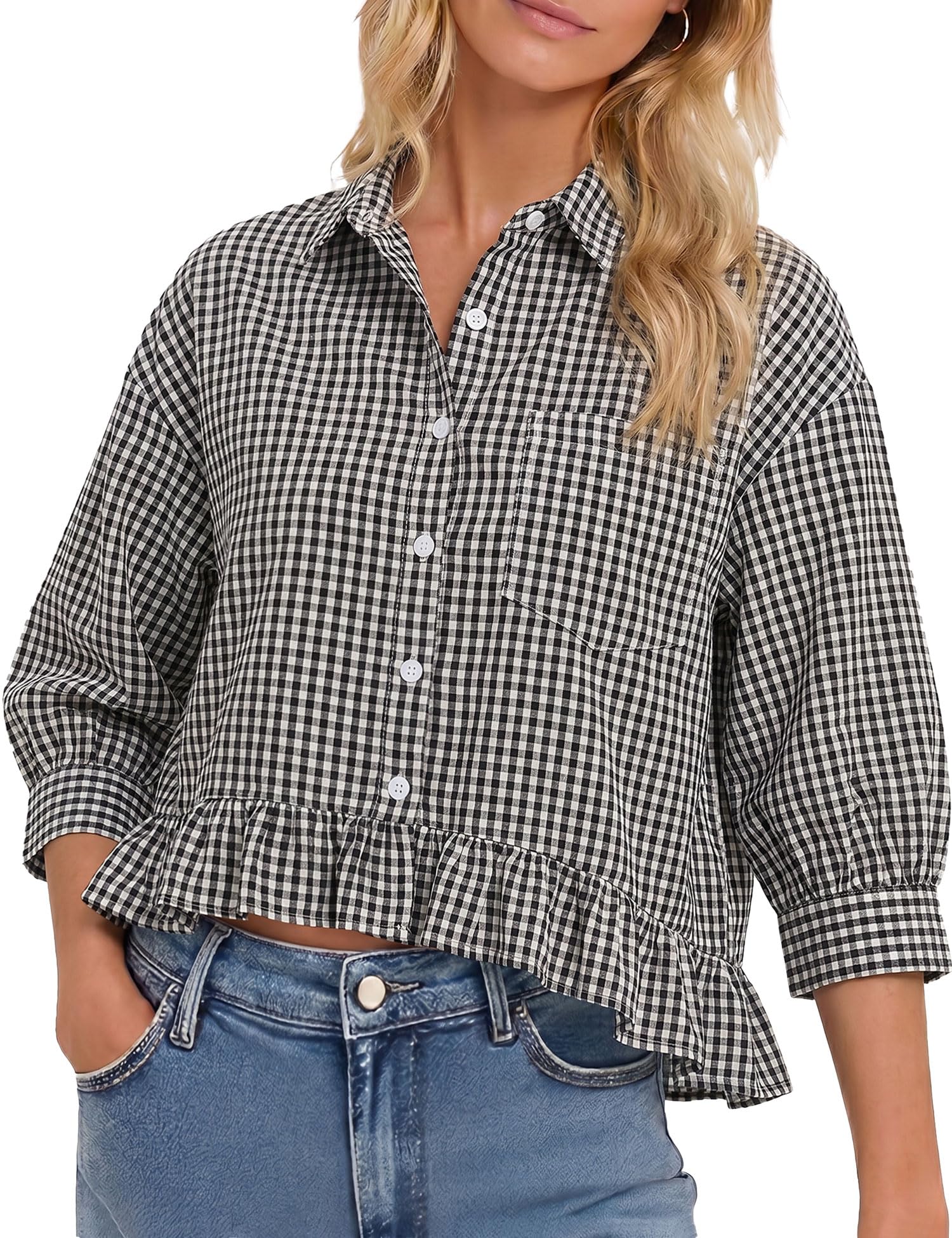 LOMON Womens 3/4 Sleeve Button Down Tops Dressy Casual Collared Shirts Blouses Ruffle Babydoll Tops Loose Fit