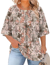 LOMON Womens Plus Size Tops Summer 3/4 Length Sleeve Crewneck Blouses Dressy Casual Loose Curvy Flowy Tunic Shirts 1X-5X