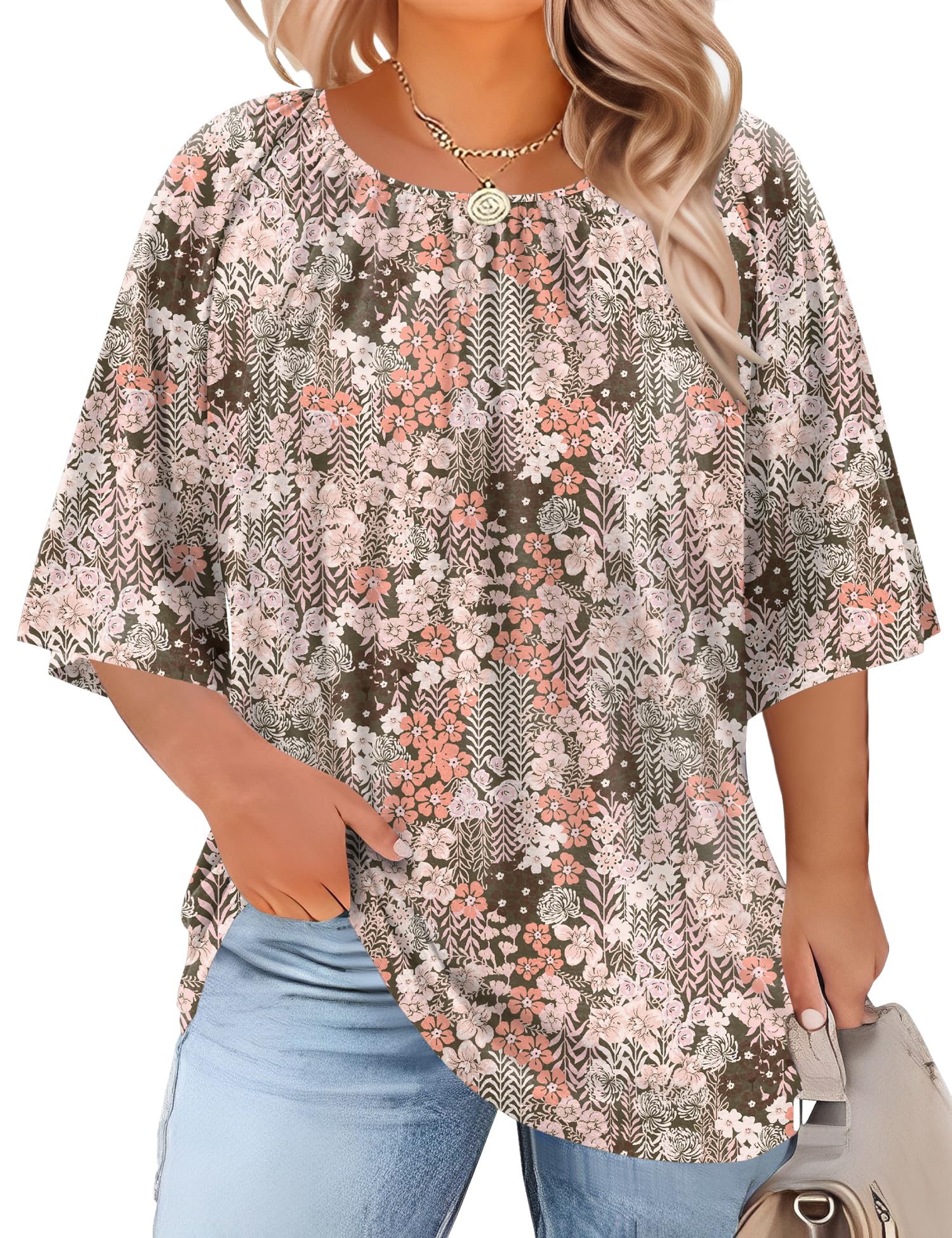 LOMON Womens Plus Size Tops Summer 3/4 Length Sleeve Crewneck Blouses Dressy Casual Loose Curvy Flowy Tunic Shirts 1X-5X