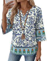 LOMON Womens 3/4 Sleeve V Neck Bohemian Blouses Casual Loose Fit Tunic Tops Vacation Clothes