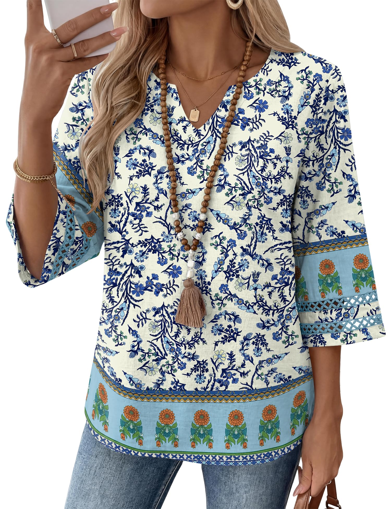 LOMON Womens 3/4 Sleeve V Neck Bohemian Blouses Casual Loose Fit Tunic Tops Vacation Clothes