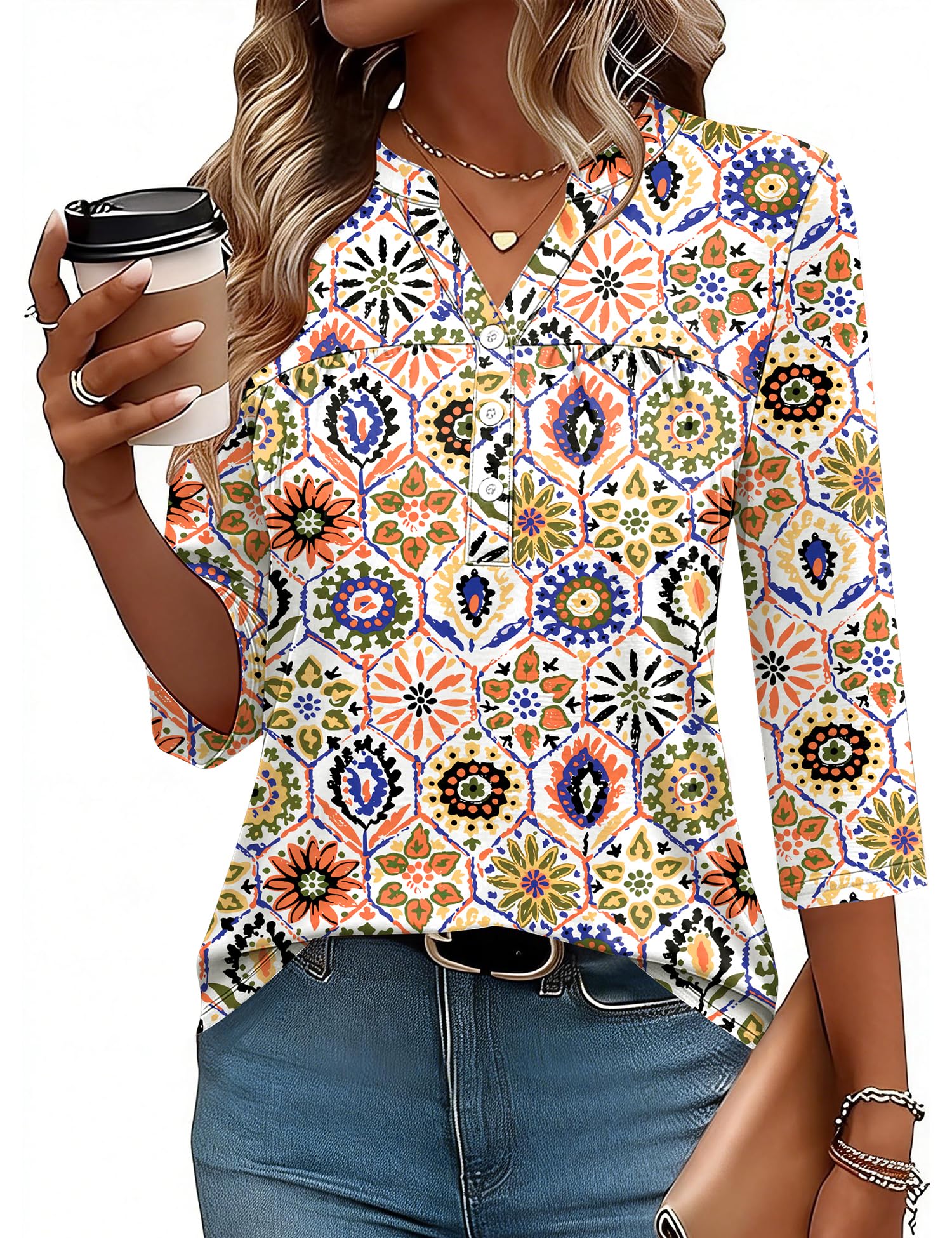 LOMON Womens Tops 3/4 Sleeve Botton Down Shirts Casual V Neck Tunic Blouses Pleated Fashion Summer Tees 2026 Trendy S-3XL