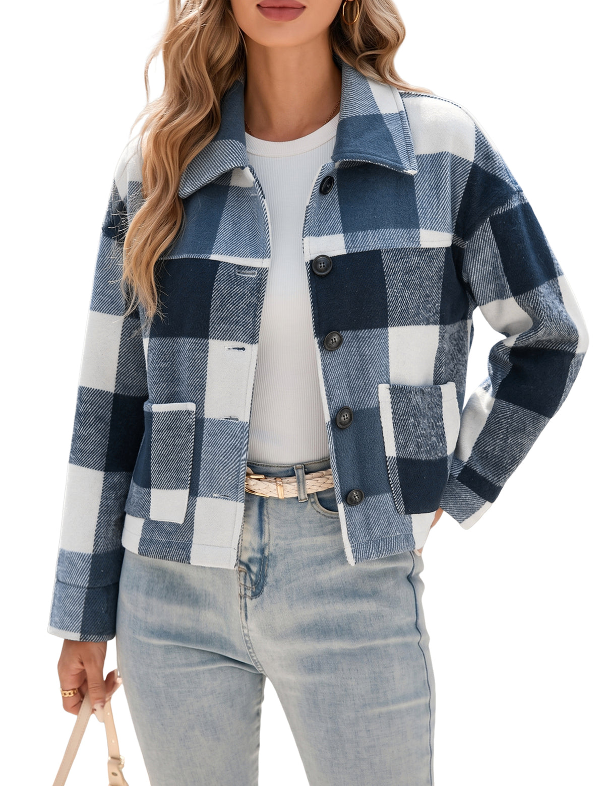 LOMON Women's Flannel Cropped Plaid Shacket Jacket Button Down Fall Outfits