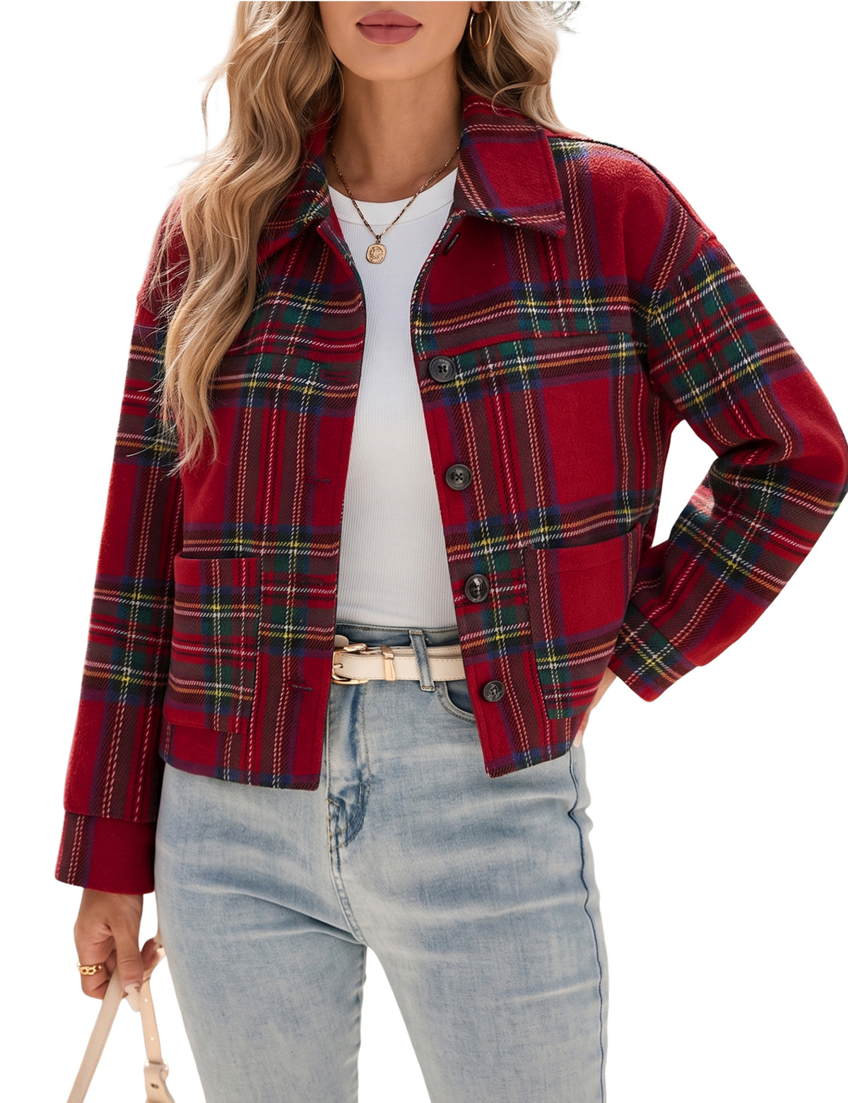 LOMON Women's Flannel Cropped Plaid Shacket Jacket Button Down Fall Outfits