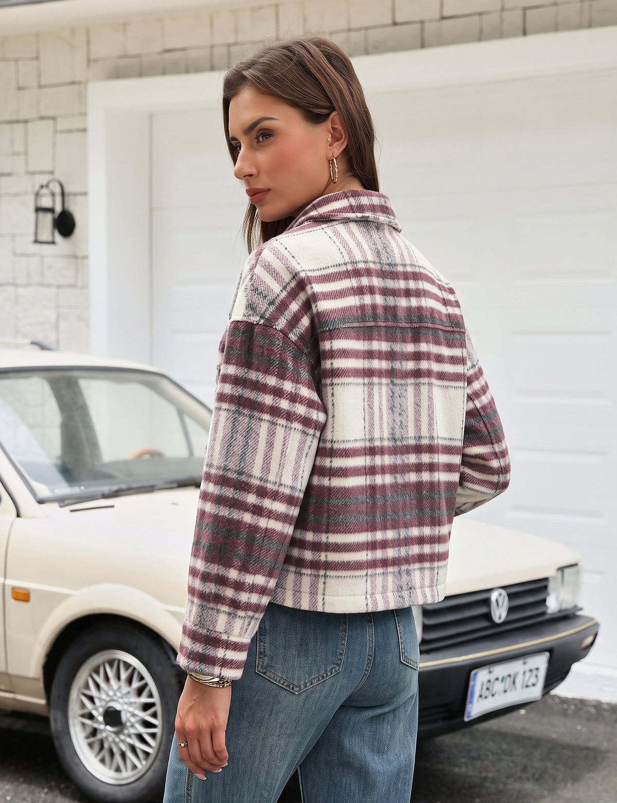 LOMON Women's Flannel Cropped Plaid Shacket Jacket Button Down Fall Outfits