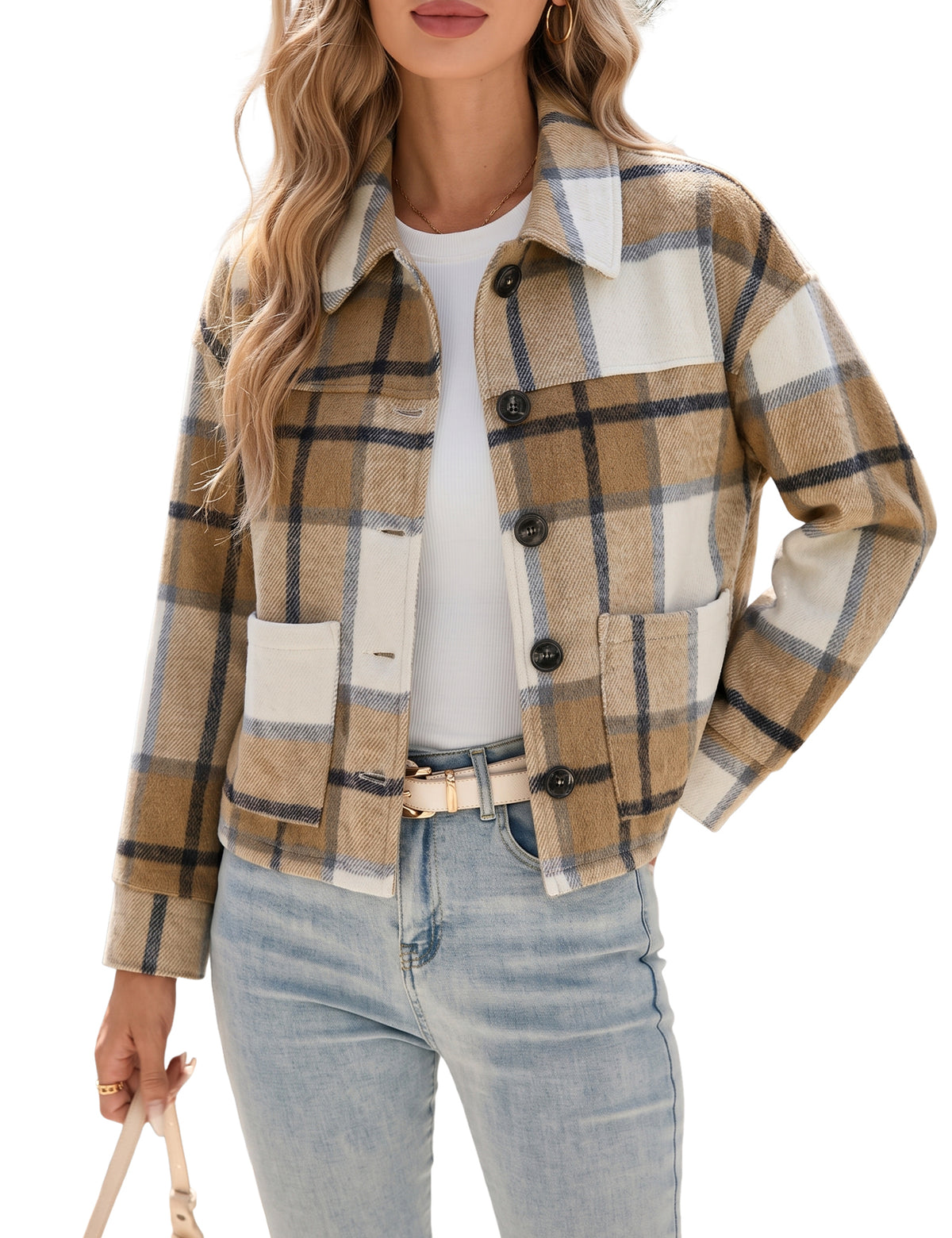 LOMON Women's Flannel Cropped Plaid Shacket Jacket Button Down Fall Outfits