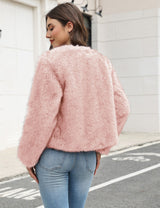 LOMON Women's Winter Cropped Faux Fur Coat Long Sleeve Open Front Cardigan
