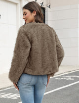 LOMON Women's Winter Cropped Faux Fur Coat Long Sleeve Open Front Cardigan