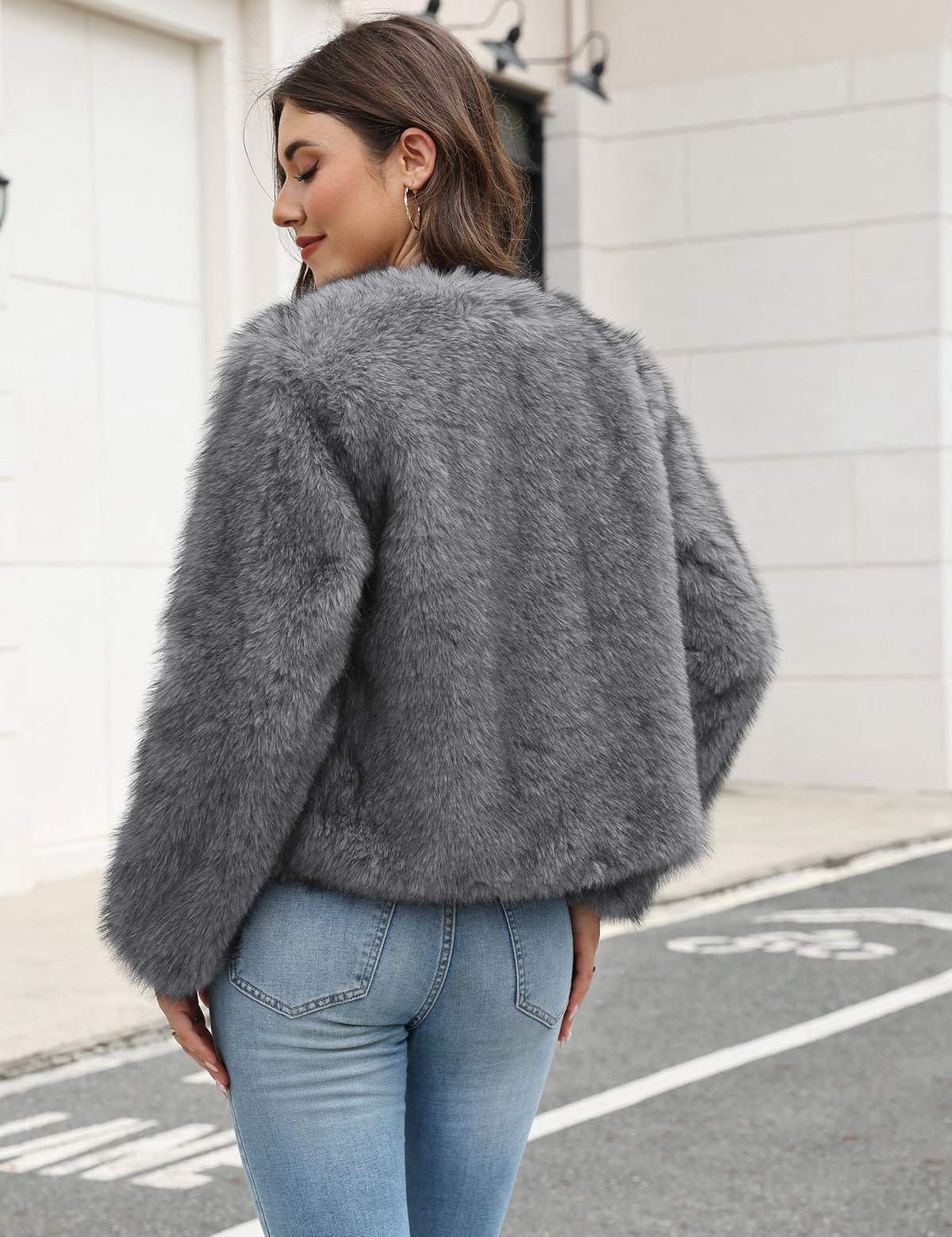 LOMON Women's Winter Cropped Faux Fur Coat Long Sleeve Open Front Cardigan
