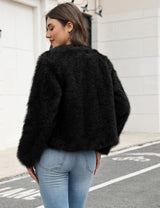LOMON Women's Winter Cropped Faux Fur Coat Long Sleeve Open Front Cardigan