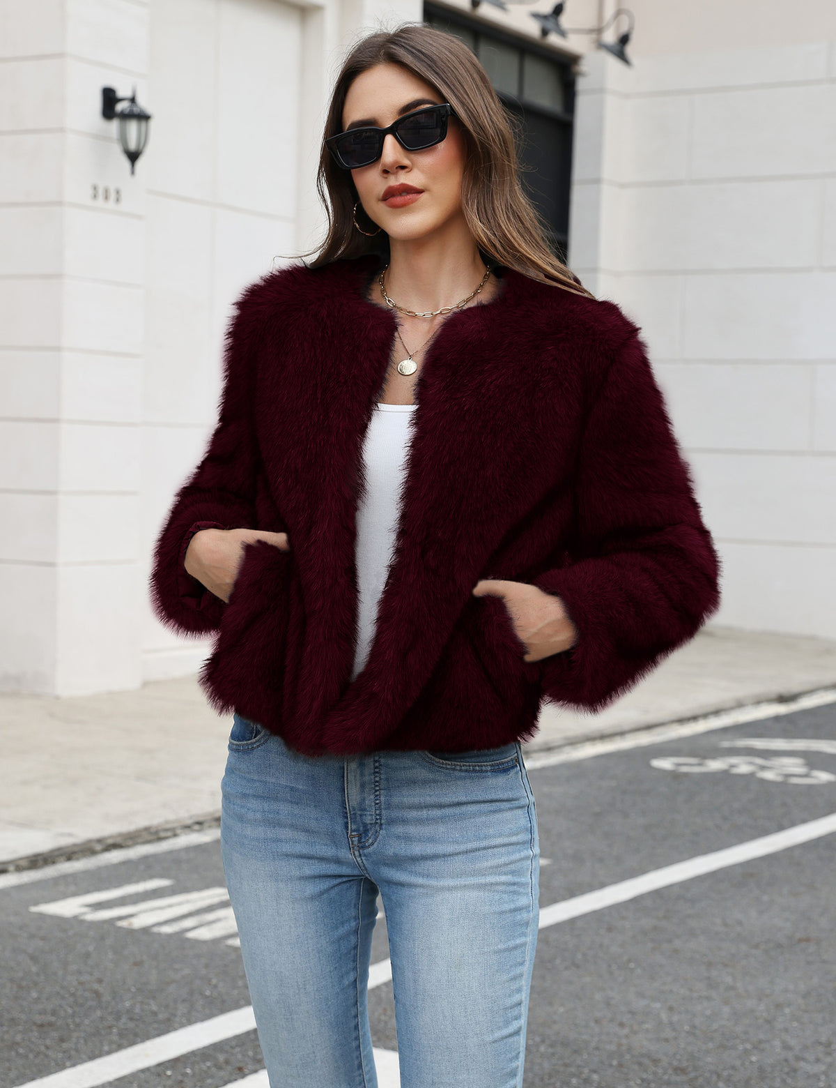 LOMON Women's Winter Cropped Faux Fur Coat Long Sleeve Open Front Cardigan