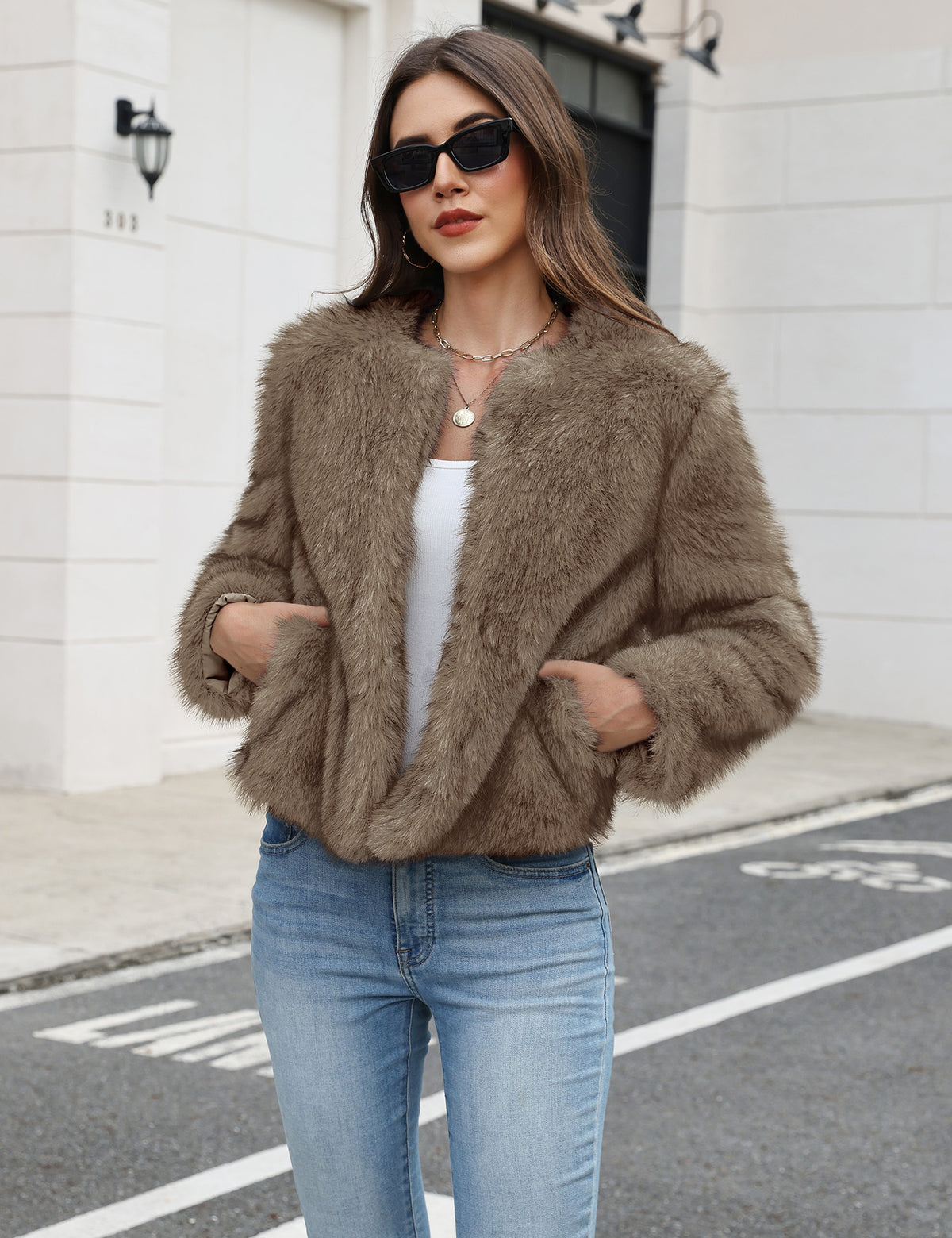 LOMON Women's Winter Cropped Faux Fur Coat Long Sleeve Open Front Cardigan