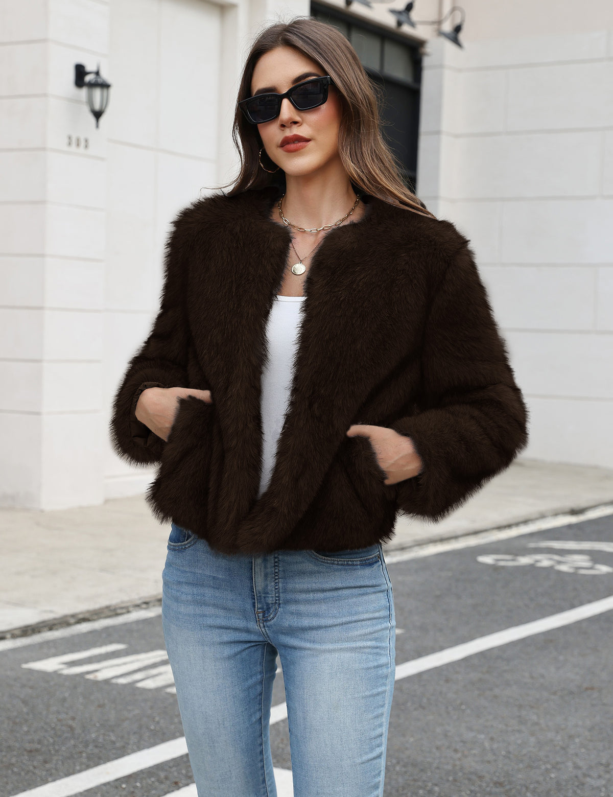 LOMON Women's Winter Cropped Faux Fur Coat Long Sleeve Open Front Cardigan