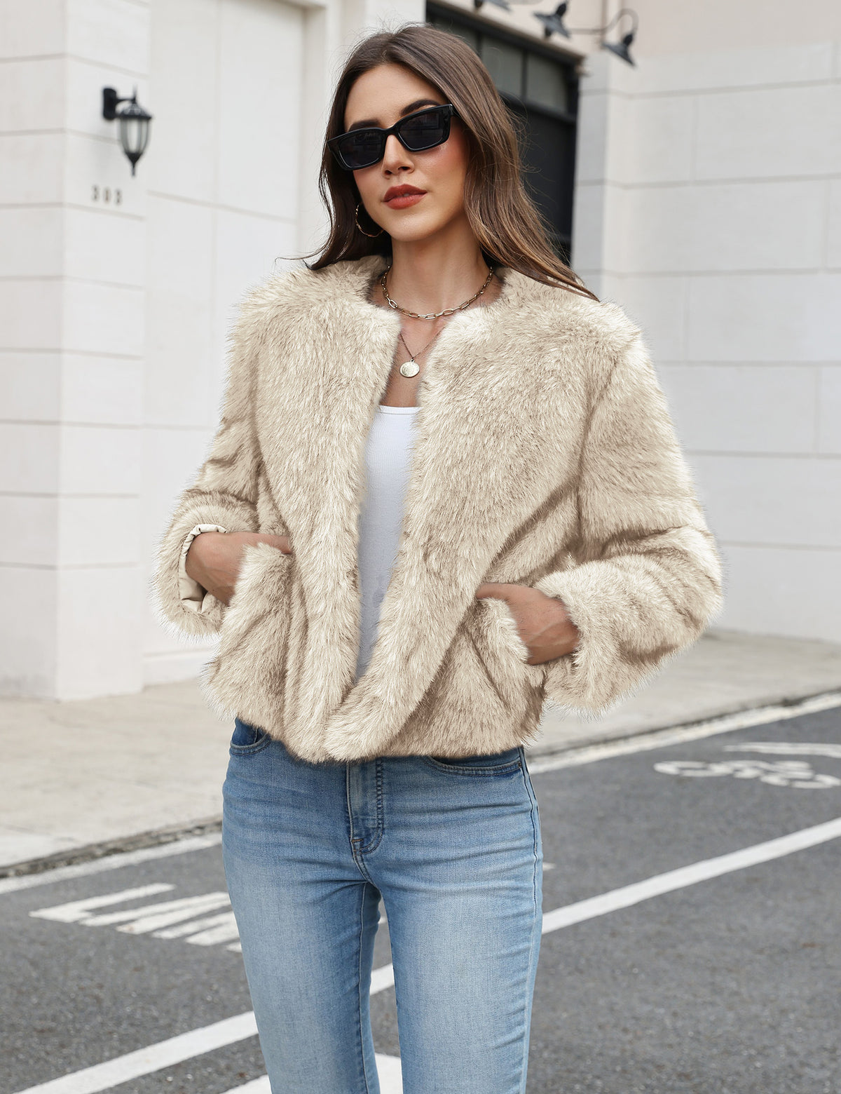 LOMON Women's Winter Cropped Faux Fur Coat Long Sleeve Open Front Cardigan