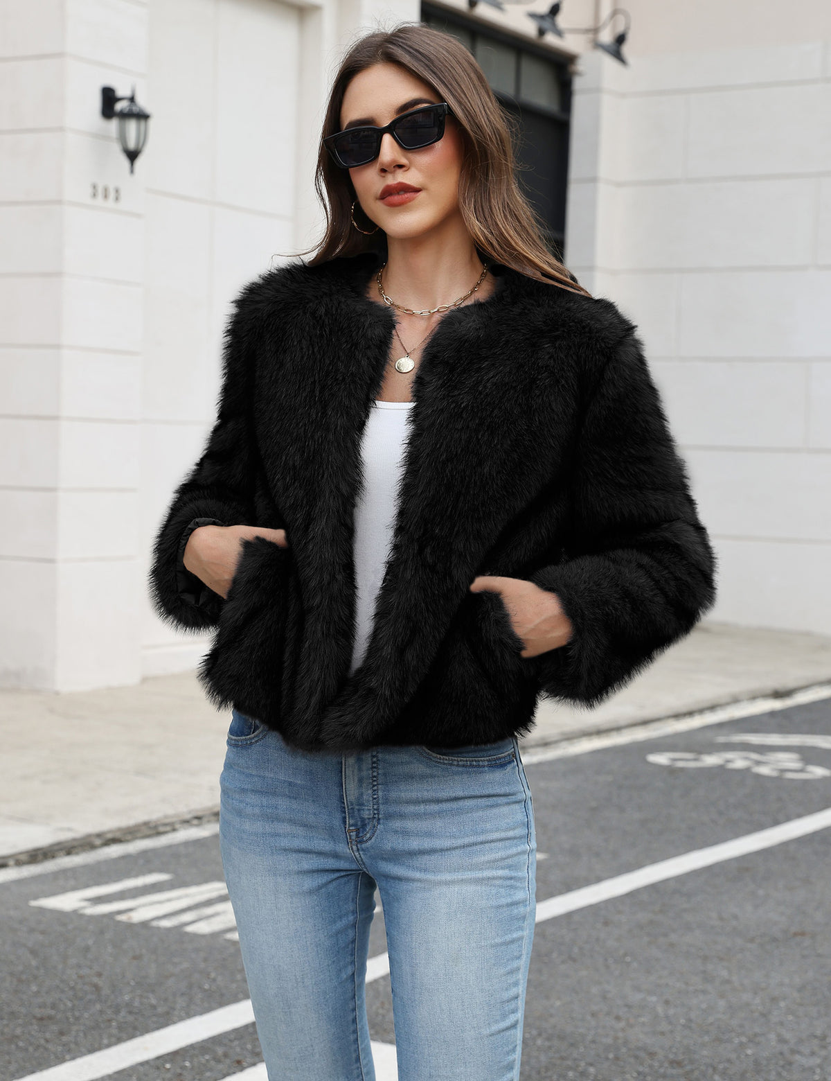 LOMON Women's Winter Cropped Faux Fur Coat Long Sleeve Open Front Cardigan