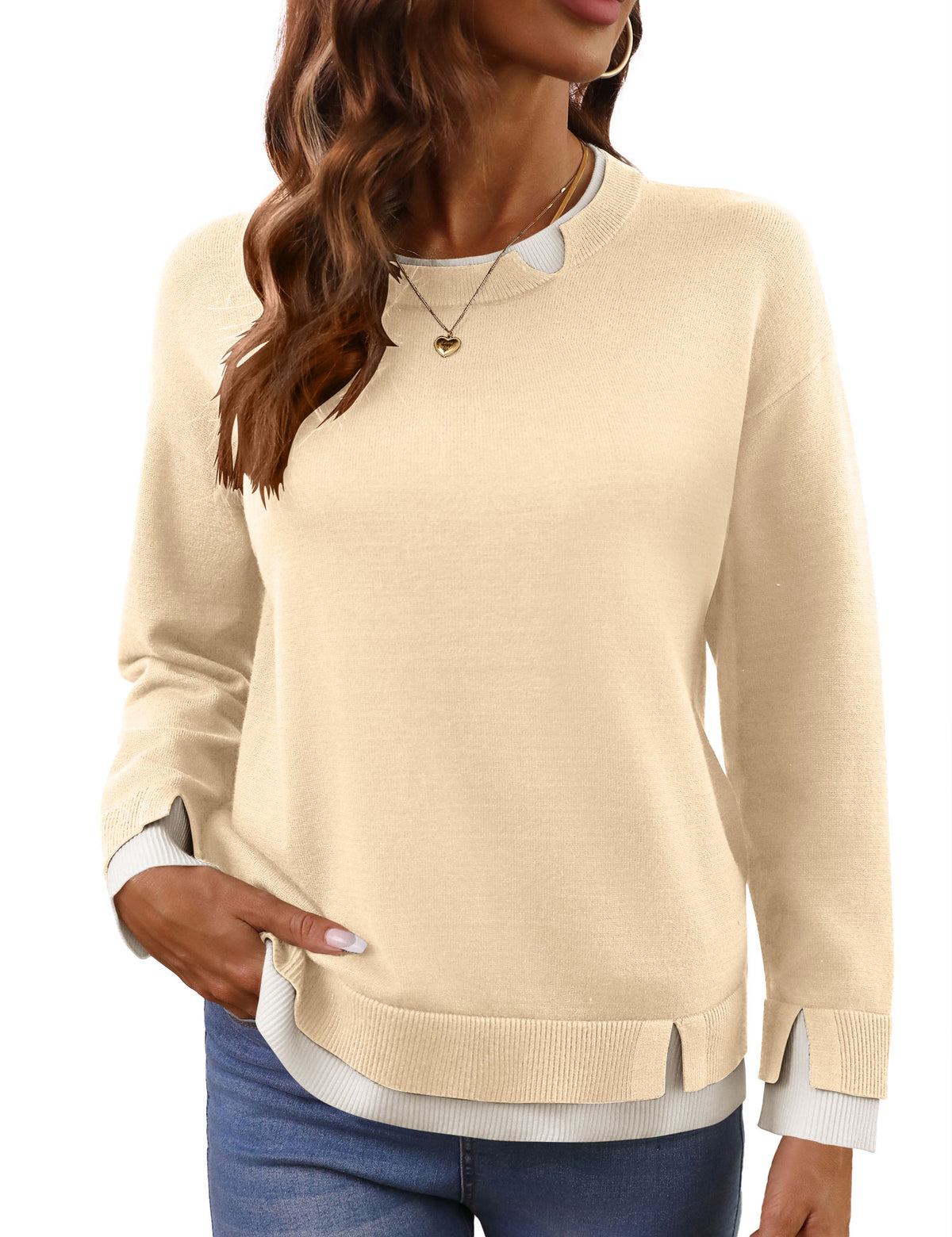 LOMON Womens Sweaters Cozy Long Sleeve Pullover Tops Faux Layered Sweaters