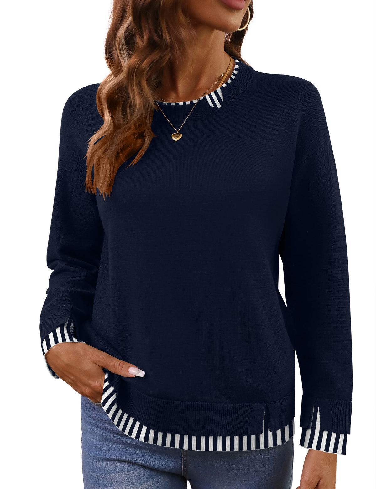 LOMON Womens Sweaters Cozy Long Sleeve Pullover Tops Faux Layered Sweaters