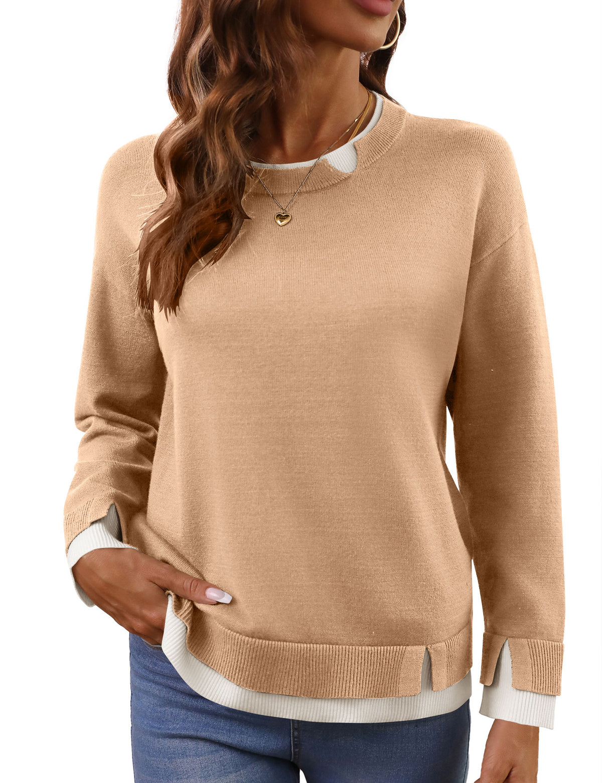 LOMON Womens Sweaters Cozy Long Sleeve Pullover Tops Faux Layered Sweaters