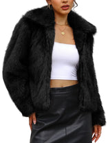 LOMON Faux Fur Coat Women Two-Tone Cropped Fluffy Jacket