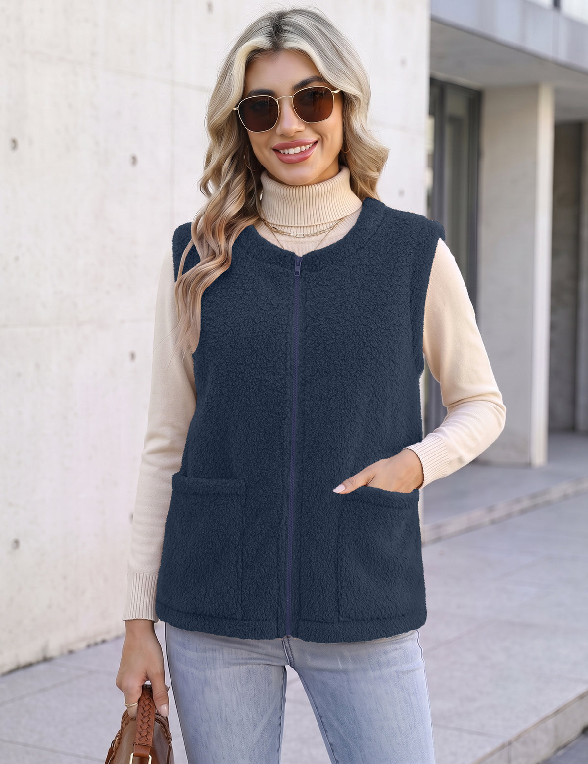 LOMON Womens Fuzzy Fleece Vest Warm Sleeveless Zip-Up Sherpa Jacket