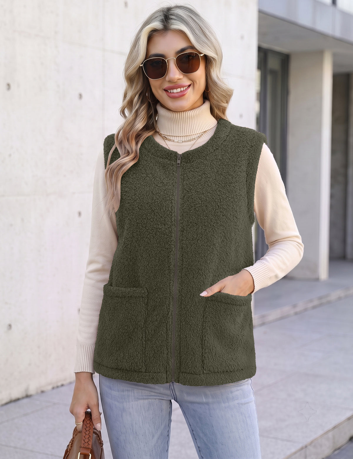 LOMON Womens Fuzzy Fleece Vest Warm Sleeveless Zip-Up Sherpa Jacket
