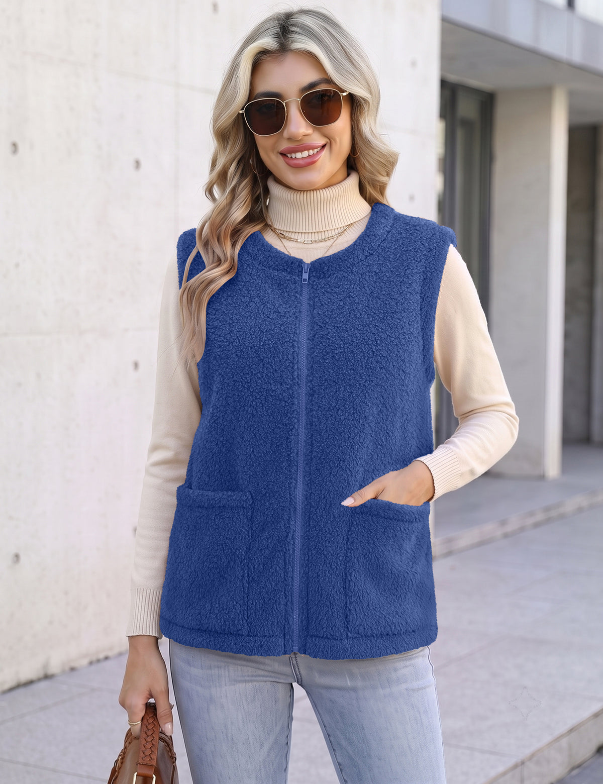 LOMON Womens Fuzzy Fleece Vest Warm Sleeveless Zip-Up Sherpa Jacket