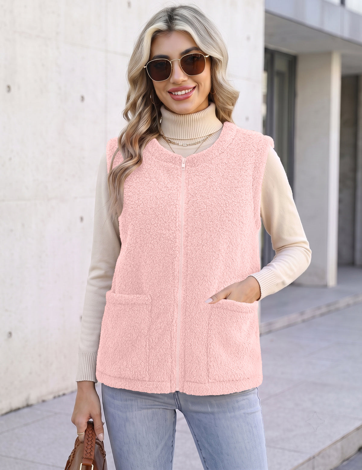 LOMON Womens Fuzzy Fleece Vest Warm Sleeveless Zip-Up Sherpa Jacket