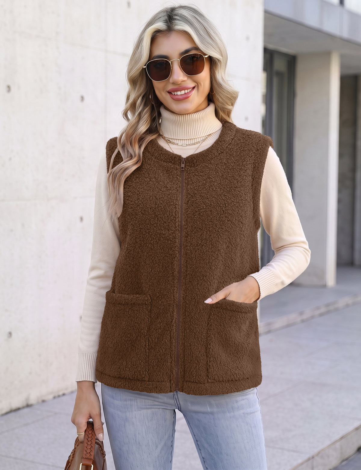LOMON Womens Fuzzy Fleece Vest Warm Sleeveless Zip-Up Sherpa Jacket