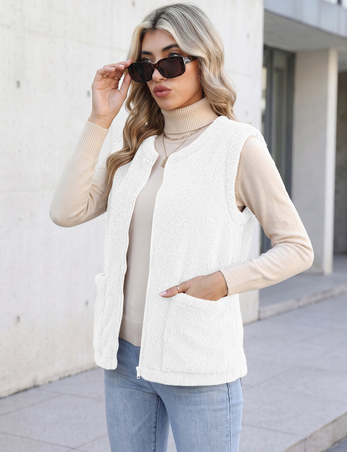 LOMON Womens Fuzzy Fleece Vest Warm Sleeveless Zip-Up Sherpa Jacket