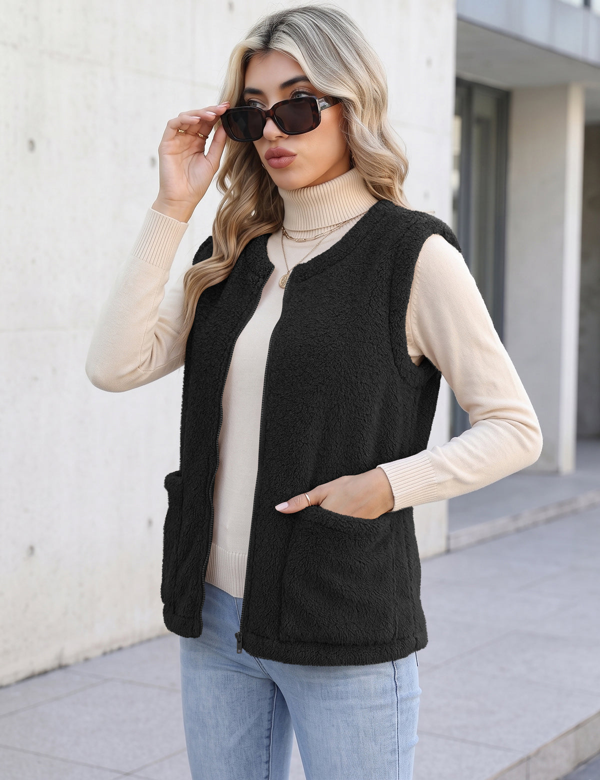 LOMON Womens Fuzzy Fleece Vest Warm Sleeveless Zip-Up Sherpa Jacket