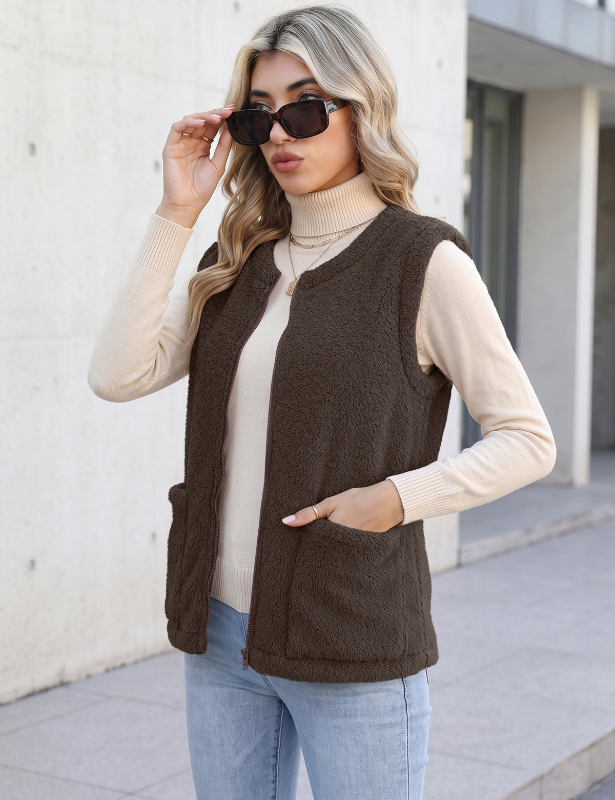 LOMON Womens Fuzzy Fleece Vest Warm Sleeveless Zip-Up Sherpa Jacket