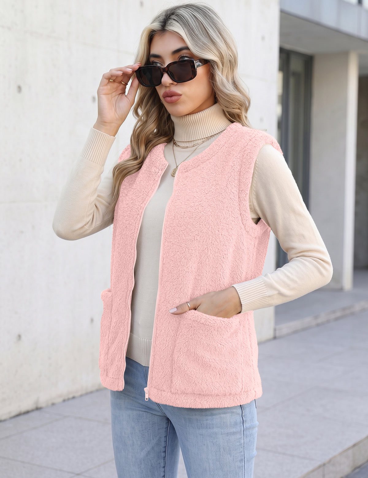 LOMON Womens Fuzzy Fleece Vest Warm Sleeveless Zip-Up Sherpa Jacket