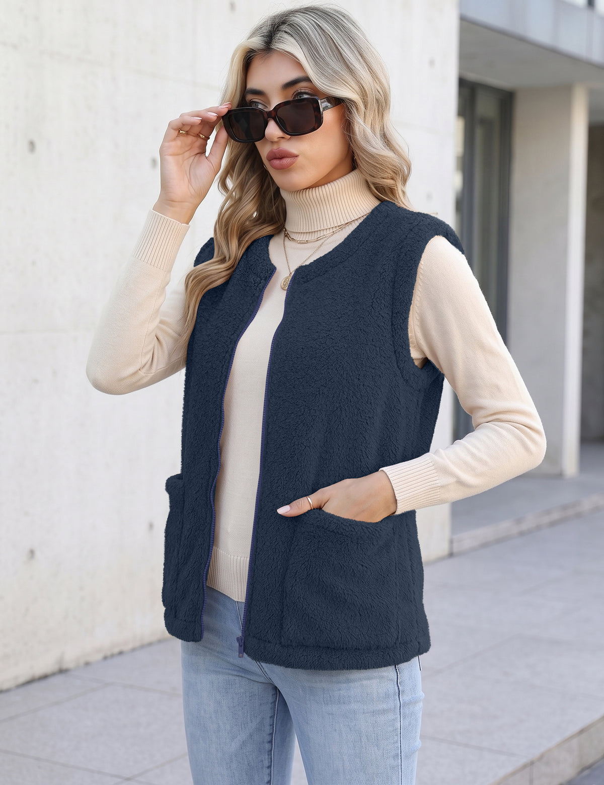 LOMON Womens Fuzzy Fleece Vest Warm Sleeveless Zip-Up Sherpa Jacket