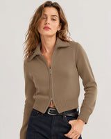 LOMON Cardigan Sweaters for Women, Two Way Zip Cropped Knit Jacket