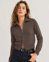 LOMON Cardigan Sweaters for Women, Two Way Zip Cropped Knit Jacket