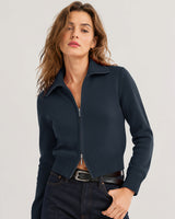 LOMON Cardigan Sweaters for Women, Two Way Zip Cropped Knit Jacket