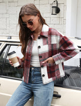 LOMON Women's Flannel Cropped Plaid Shacket Jacket Button Down Fall Outfits