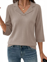 LOMON Womens Collared V Neck 3/4 Sleeve Sweaters Knit Pullover Tops