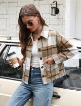 LOMON Women's Flannel Cropped Plaid Shacket Jacket Button Down Fall Outfits