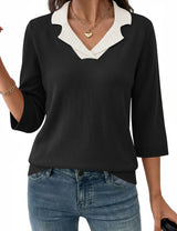 LOMON Womens Collared V Neck 3/4 Sleeve Sweaters Knit Pullover Tops