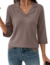 LOMON Womens Collared V Neck 3/4 Sleeve Sweaters Knit Pullover Tops