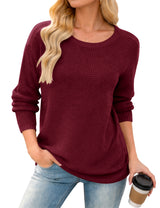 LOMON Womens Sweaters Crewneck Waffle Knit Top Winter Fall Fashion Clothing
